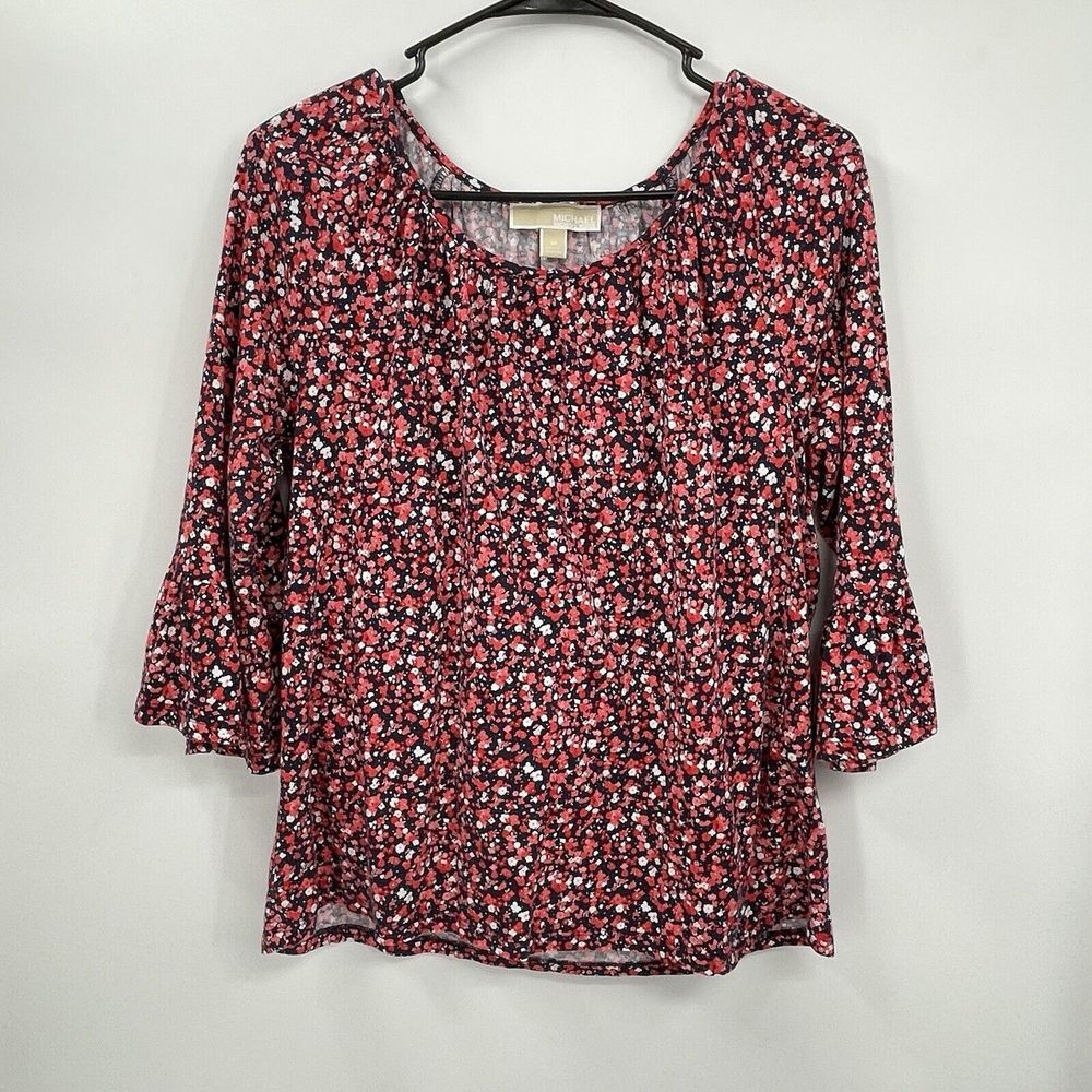 Michael Michael‎ Kors Medium Blouse Womens Red Floral Bell Sleeve Scoop Neck Top